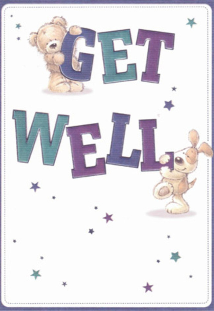 This illustrated get well card radiates gentle encouragement, infusing the warmth and friendliness of Harefield's local florists into every corner. At its heart are two endearing characters-a soft, cuddly bear and an eager puppy-surrounded by playful stars that seem to send good wishes floating through the air, much like petals carried by a summer breeze off Harefield Moor. The bold, oversized 'Get Well' text, shaded in harmonious purples and aquas, anchors the design in cheerful reassurance. There's a tactile richness to the drawing: the bear's fluffy coat and the puppy's velvety ears practically invite a comforting touch, echoing the texture and care put into bouquets prepared for delivery along High Street. Together, this scene conjures a sense of hope, lightness, and community, making it ideal for lifting the spirits of loved ones across Harefield, whether they're convalescing at home or in hospital care nearby.