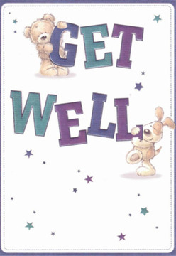 A cheerful sense of comfort blossoms in this charming get well card, echoing the close-knit spirit of Harefield. The illustration features a plush teddy, paws perched atop the strong 'GET,' while a sprightly puppy nuzzles against the unwavering 'WELL' below. Their rounded contours and kind, shining eyes imbue the scene with affection and gentle hope, as if sending warm wishes from Harefield's riverside walks. The lettering stands out in deep purples and cool teals, reminiscent of the fresh stems we arrange daily at Flowers Harefield for neighbours in need of a lift. Sprinkled stars in varying blue-violet tones add a sense of magic and new possibility, catching the light against a pure white backdrop, not unlike the clarity and calm evoked by an early morning walk around Coppermill Lock. The whole card feels curated with the same thoughtful care as a hand-arranged bouquet: a visual message of encouragement meant to brighten the path to recovery.
