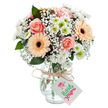 This bouquet brings together the best of Harefield's calm vistas and floral charm, expressing affection and celebration in a palette of gentle pastels. Central to the arrangement are peach-pink roses, their velvety petals unveiling in elegant spirals. Two prominent peach gerberas, wide-petaled and crowned with chocolate centers, infuse the design with uplifting energy. Baby's breath, ethereal and airy, wraps softly around the larger flowers, while white chrysanthemums with lime-green eyes fill every space with plush freshness. Discreet green sprigs reminiscent of Harefield's countryside peek through the blooms. All are gathered into a sparkling clear glass vase, the stems standing visible in fresh water. A rustic twine bow at the vase's neck supports a plain white tag, perfect for a hand-written note. This bouquet's natural beauty and gentle craftsmanship make it ideal for marking milestones, sending thanks, or lifting spirits in homes across Harefield.