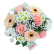 This bouquet glows with the soft hues and gentle energy that define Harefield's floral landscape. Whorls of blush-pink roses open at the center, their silky petals offering a romantic accent surrounded by cheerful peach-toned Gerberas with striking dark disks-a touch of rustic spirit inspired by Harefield's open green spaces. Misty sprigs of white gypsophila weave throughout, granting a diaphanous softness that feels like morning light filtering through local trees. Between the larger blossoms, puffs of snowy chrysanthemums dotted with bright green centers capture fresh springtime optimism and add a playful highlight. Lush, dark foliage serves as the quiet foundation, reminiscent of Harefield's bordering woodlands and meadows. At the edge, a neat white tag with hand-drawn green and pink script delivers a message of joy or a warm greeting, echoing the bouquet's sentiment. Every bloom, leaf, and texture is arranged intentionally by Harefield artisans, blending traditional floristry with a modern eye-making this a perfect bouquet for commemorating special occasions, showing appreciation, or simply uplifting someone's day. The clean white background accentuates each detail, underlining the bouquet's freshness and readiness for delivery to homes across Harefield.